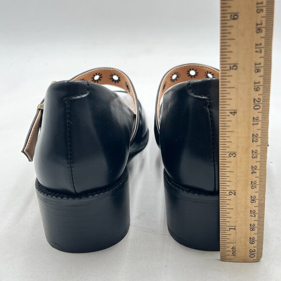 YDN Black Pointed Toe Mary Jane Chunky Heels Loafers Hollow Buckle Pumps - Picture 5 of 8